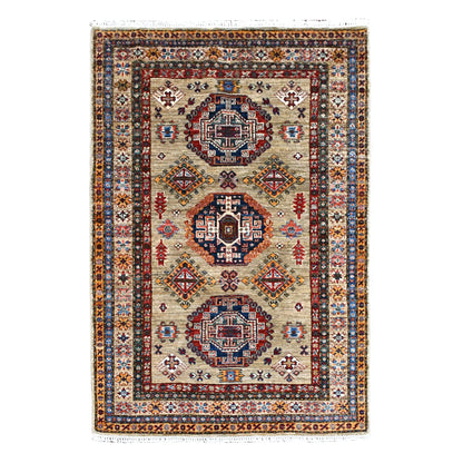 Full view of Afghan Super Kazak wool rug with beige field, three geometric medallions and layered borders, 179 x 123 cm