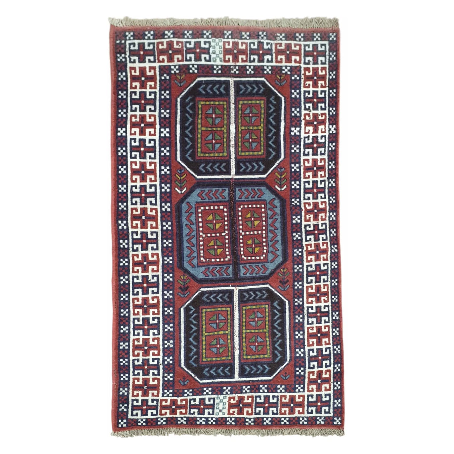Full view of Afghan Tribal Mashwani hand-knotted wool rug 218 x 107 cm with geometric medallions