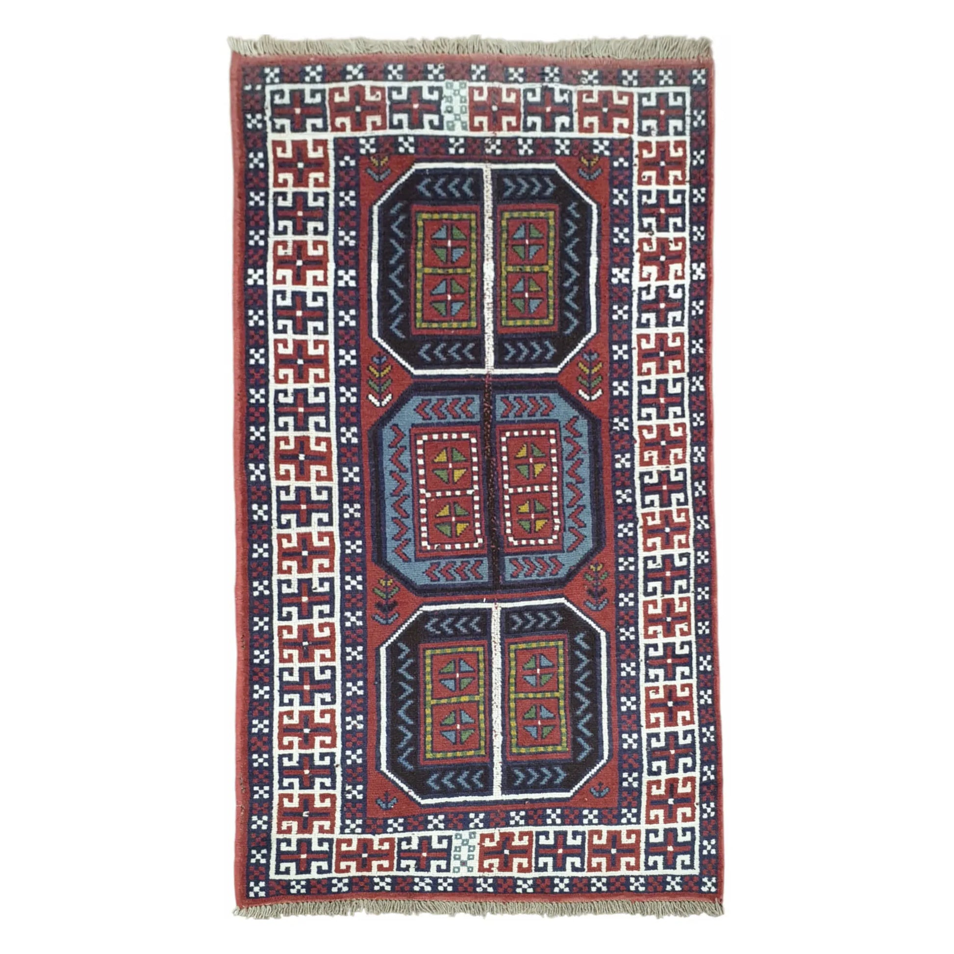 Full view of Afghan Tribal Mashwani hand-knotted wool rug 218 x 107 cm with geometric medallions