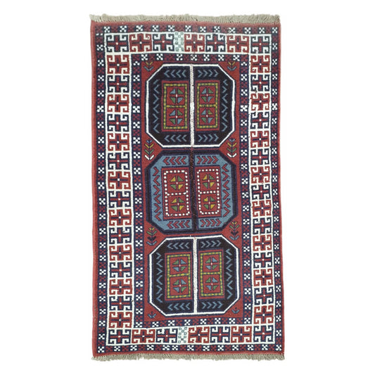 Full view of Afghan Tribal Mashwani hand-knotted wool rug 218 x 107 cm with geometric medallions