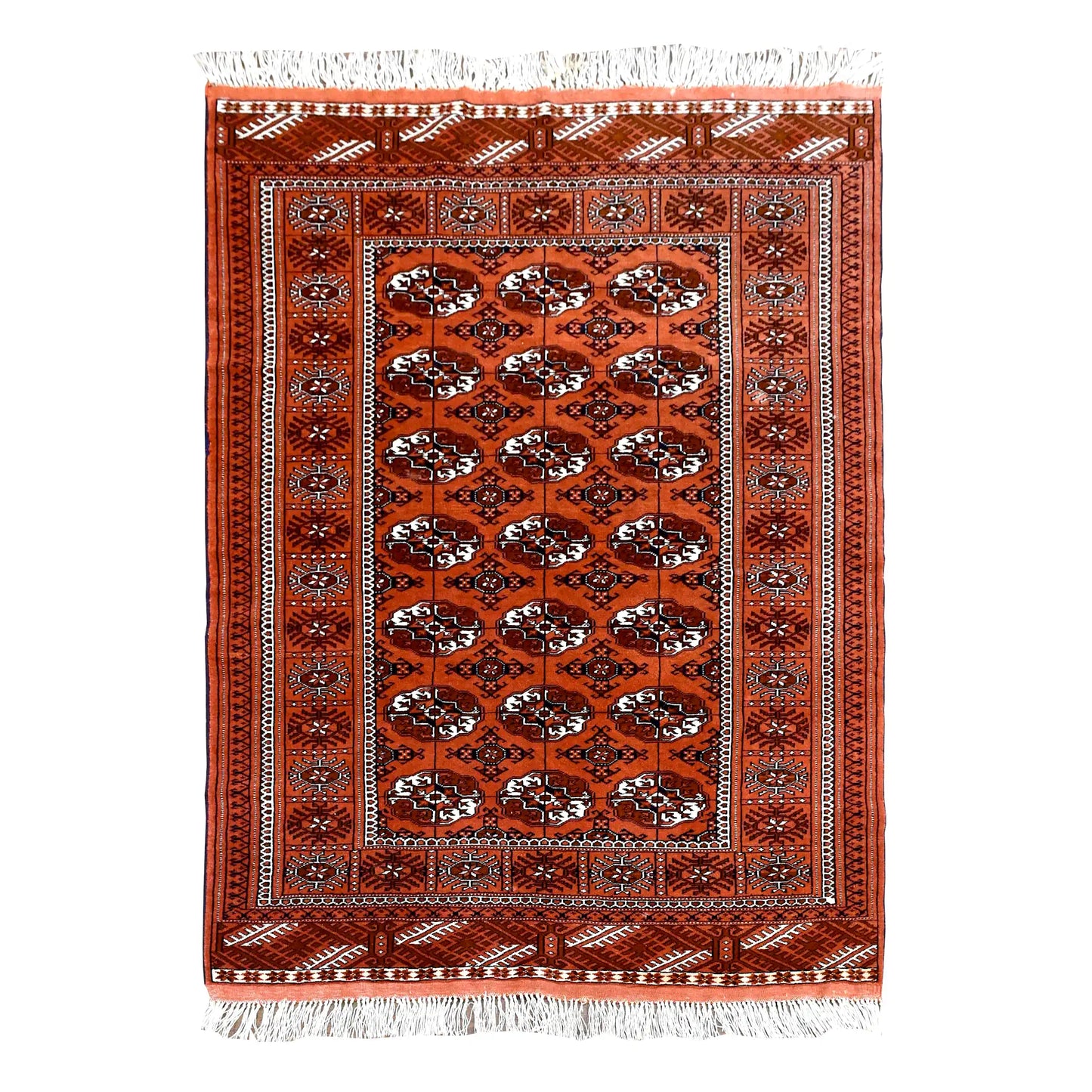 Full view of Afghan Turkmen Tekke hand-knotted wool rug with a rusty-orange field of repeated gul motifs, 167 x 125 cm