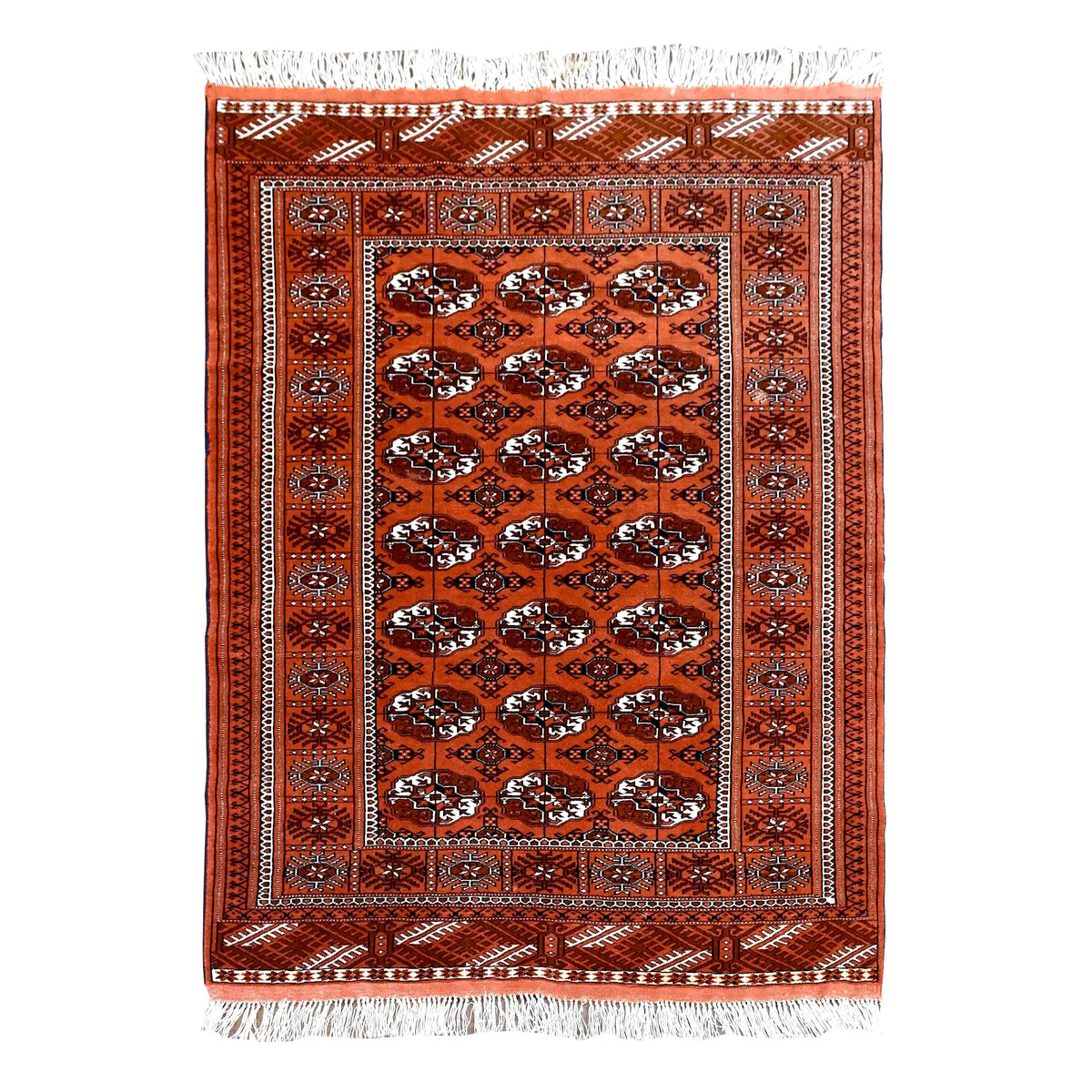 Full view of Afghan Turkmen Tekke hand-knotted wool rug with a rusty-orange field of repeated gul motifs, 167 x 125 cm