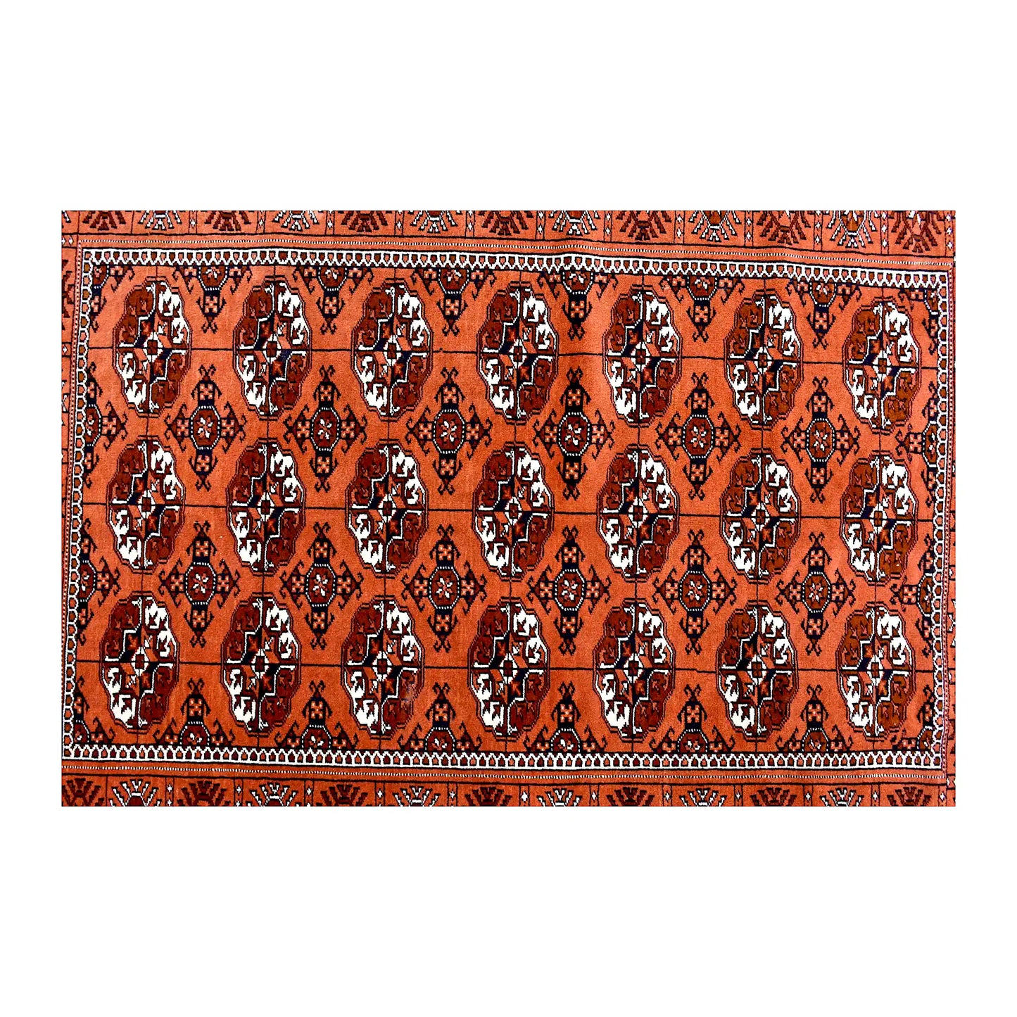 Field detail of repeated Tekke gul motifs in rusty orange, black and ivory
