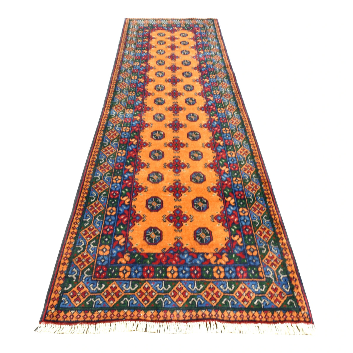 Full view of Afghan Turkoman wool runner with golden ochre field, repeating dark medallions and multicoloured borders, 286 x 85 cm