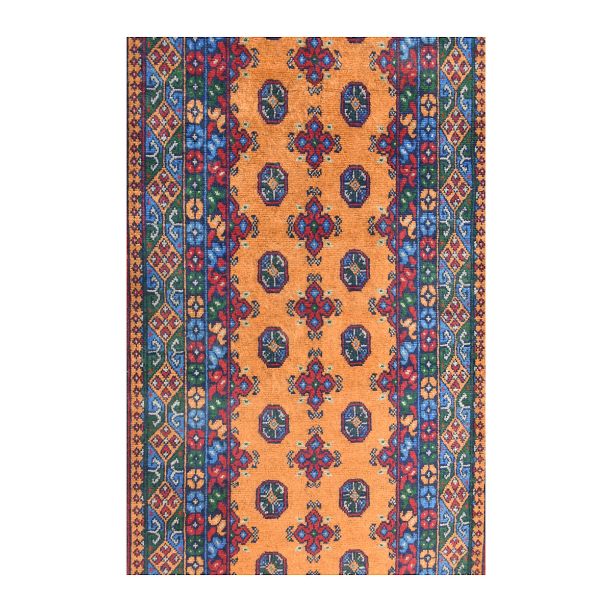 Field detail of Afghan Turkoman runner showing rows of dark oval medallions and small red motifs against golden ochre