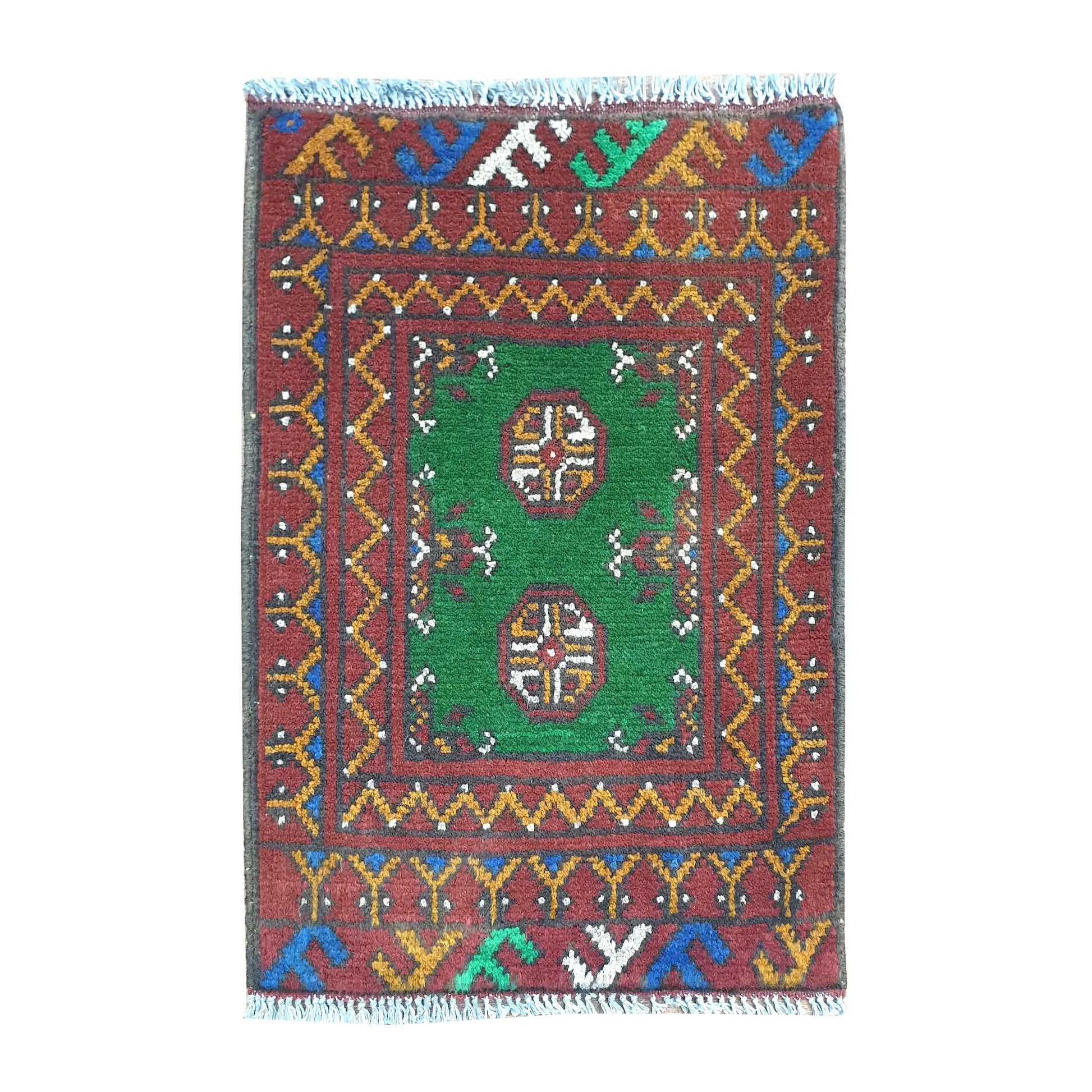 Afghan Turkoman green wool rug 64 x 47 cm full view with twin octagonal gul medallions and red tribal border