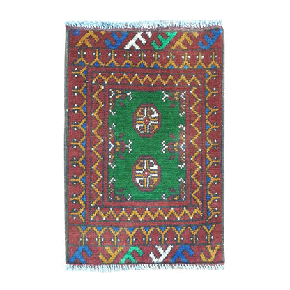 Afghan Turkoman green wool rug 64 x 47 cm full view with twin octagonal gul medallions and red tribal border