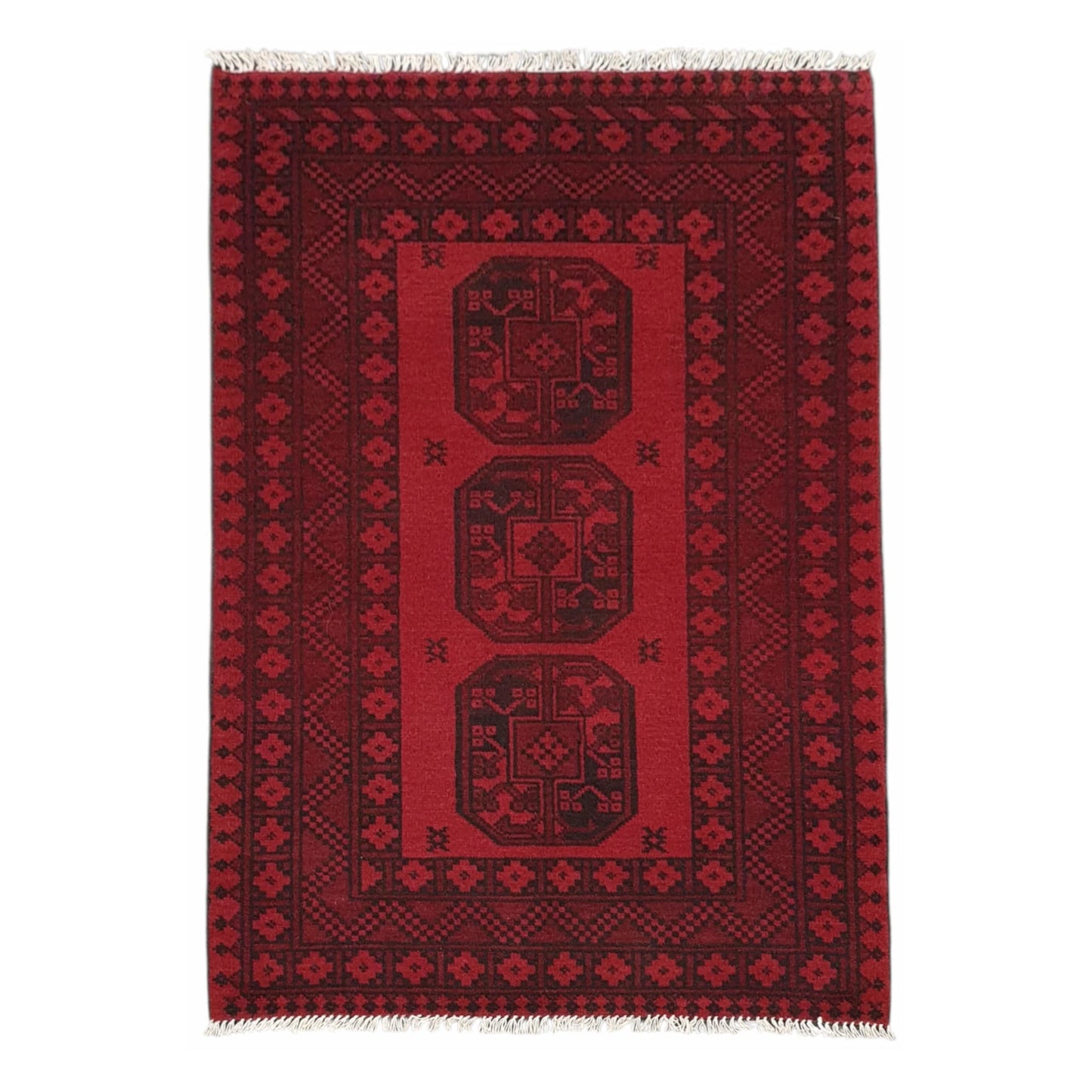 Afghan Turkoman hand-knotted wool rug 143 x 100 cm full view with red field and dark geometric gul motifs