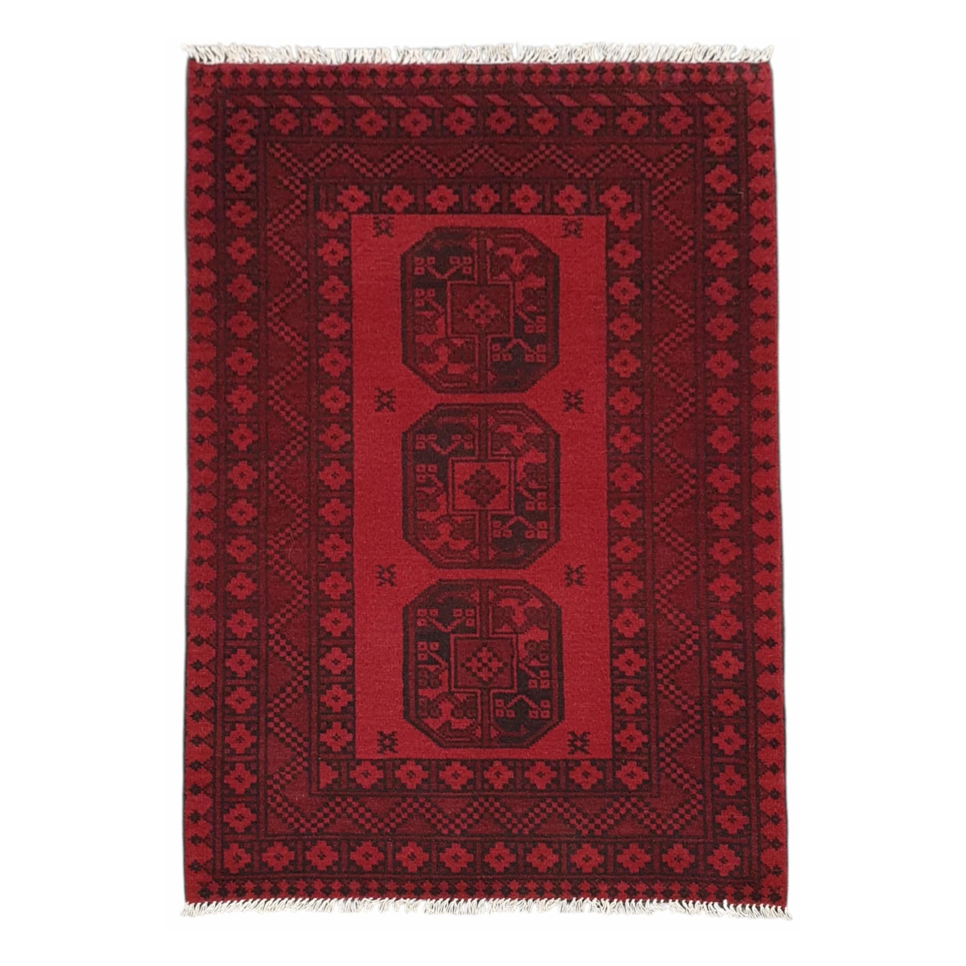 Afghan Turkoman hand-knotted wool rug 143 x 100 cm full view with red field and dark geometric gul motifs