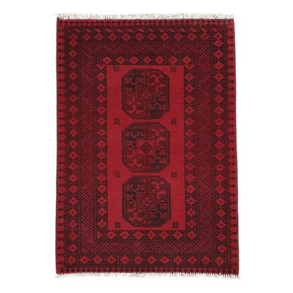 Afghan Turkoman hand-knotted wool rug 143 x 100 cm full view with red field and dark geometric gul motifs