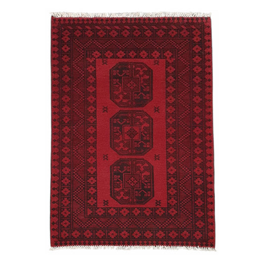 Afghan Turkoman hand-knotted wool rug 143 x 100 cm full view with red field and dark geometric gul motifs