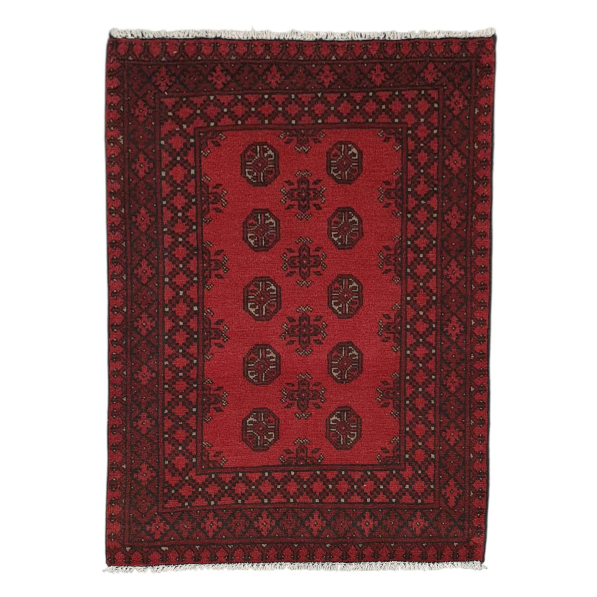 Afghan Turkoman hand-knotted wool rug 143 x 104 cm full view with red field and black geometric gul motifs