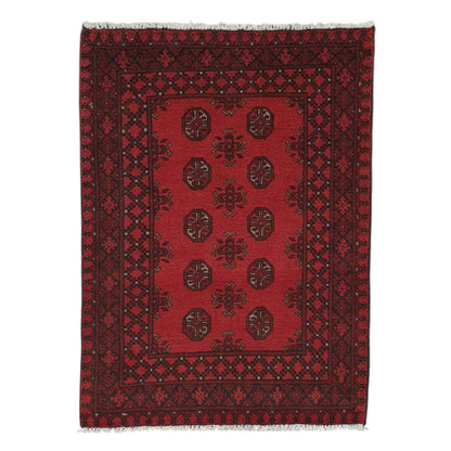 Afghan Turkoman hand-knotted wool rug 143 x 104 cm full view with red field and black geometric gul motifs