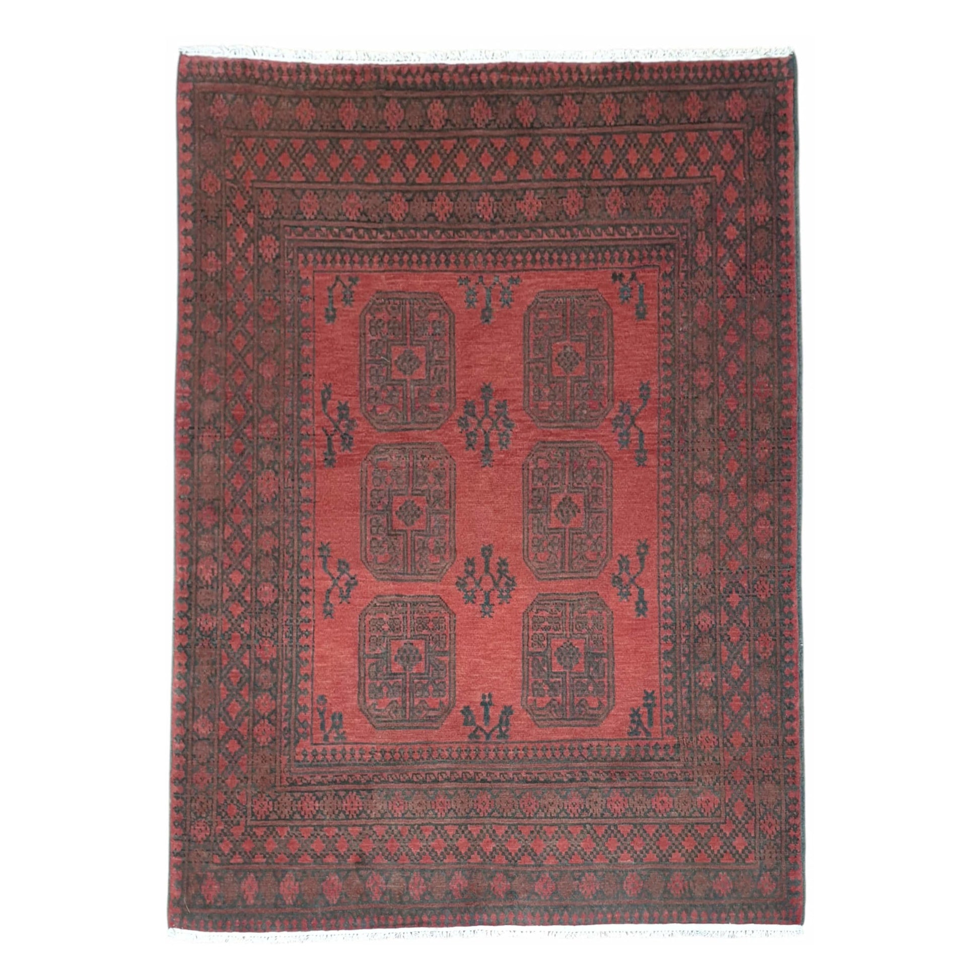 Full view of Afghan Turkoman hand-knotted wool rug with rich red field, six geometric gul medallions and layered black borders, 190 x 151 cm
