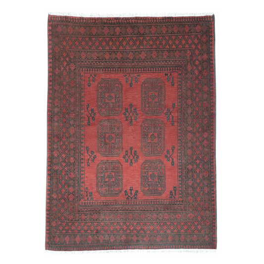 Full view of Afghan Turkoman hand-knotted wool rug with rich red field, six geometric gul medallions and layered black borders, 190 x 151 cm
