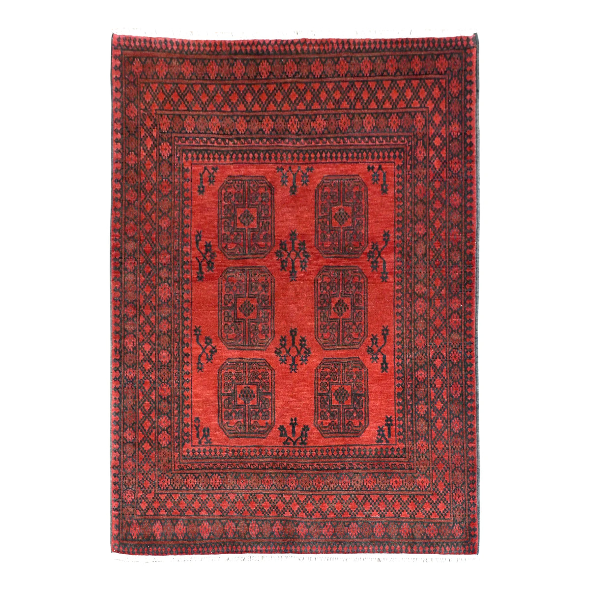 Full view of Afghan Turkoman rug with rich red field, six octagonal guls and broad layered dark borders, 190 x 151 cm