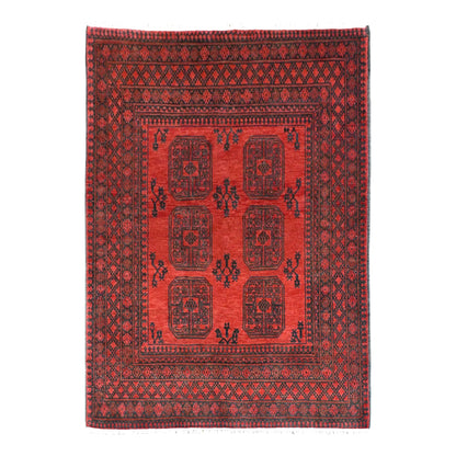 Full view of Afghan Turkoman rug with rich red field, six octagonal guls and broad layered dark borders, 190 x 151 cm