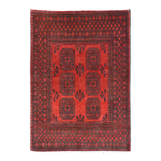 Full view of Afghan Turkoman rug with rich red field, six octagonal guls and broad layered dark borders, 190 x 151 cm