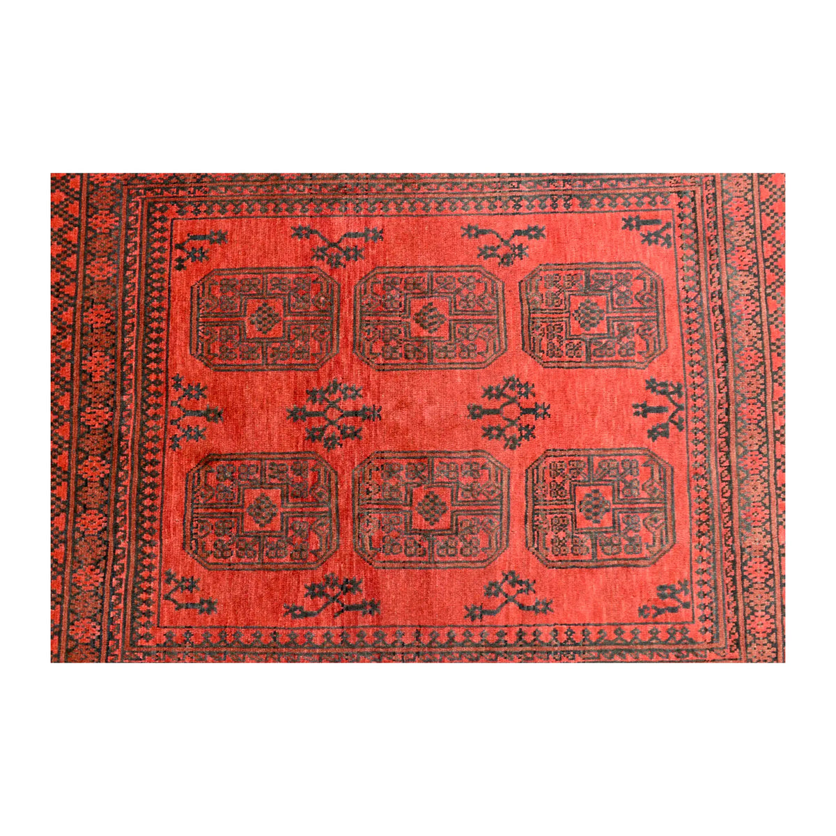 Field detail of Afghan Turkoman rug showing three pairs of octagonal guls with small branching motifs on a red ground