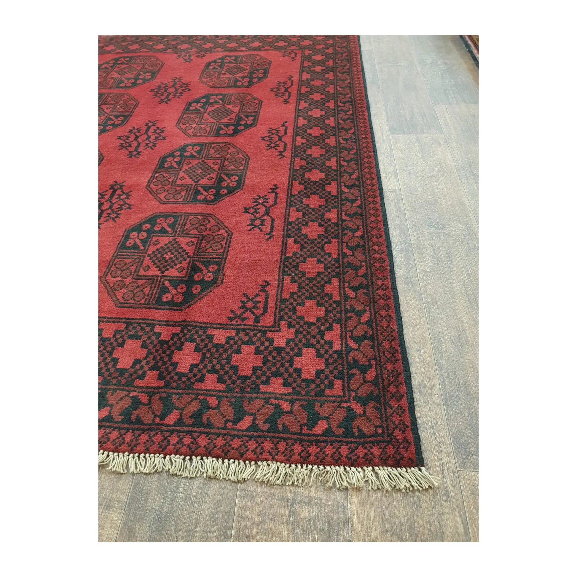 Border and fringe detail of Afghan Turkoman wool rug with red geometric pattern