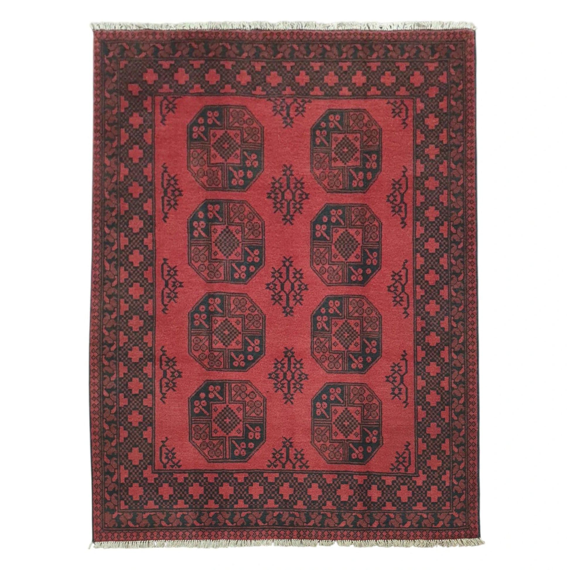 Full view of Afghan Turkoman hand-knotted wool rug 198 x 153 cm with red gul motifs