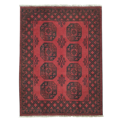 Full view of Afghan Turkoman hand-knotted wool rug 198 x 153 cm with red gul motifs