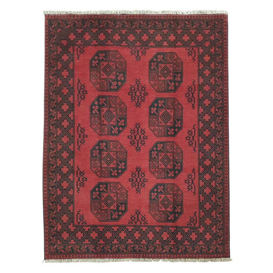 Full view of Afghan Turkoman hand-knotted wool rug 198 x 153 cm with red gul motifs