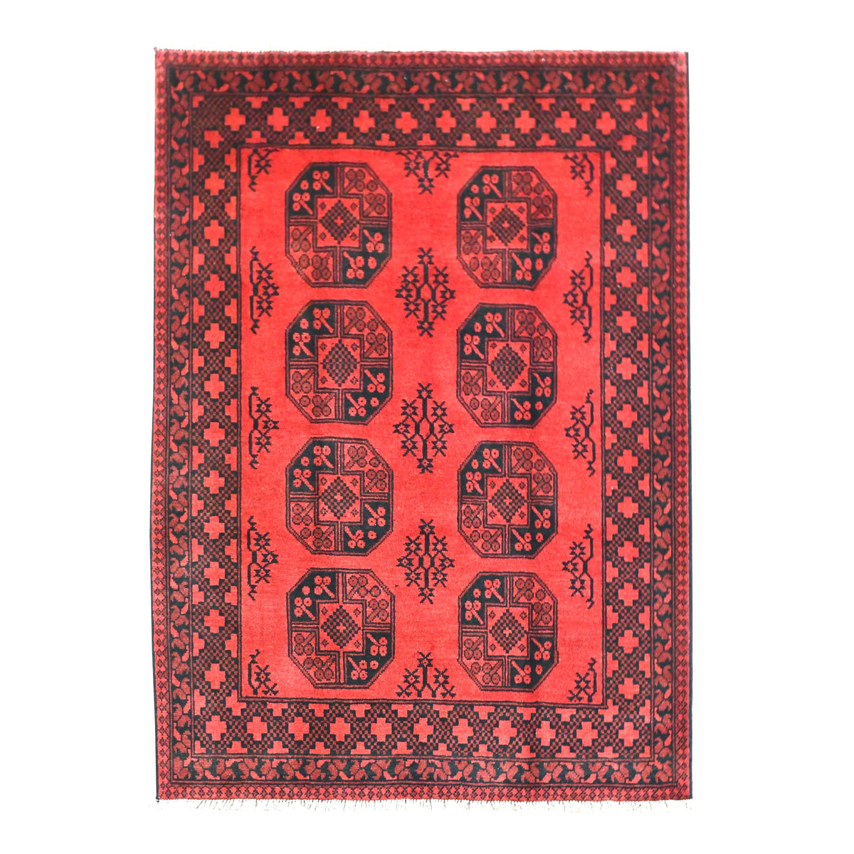 Full view of Afghan Turkoman rug with vivid red field, eight octagonal guls and layered dark borders, 198 x 153 cm