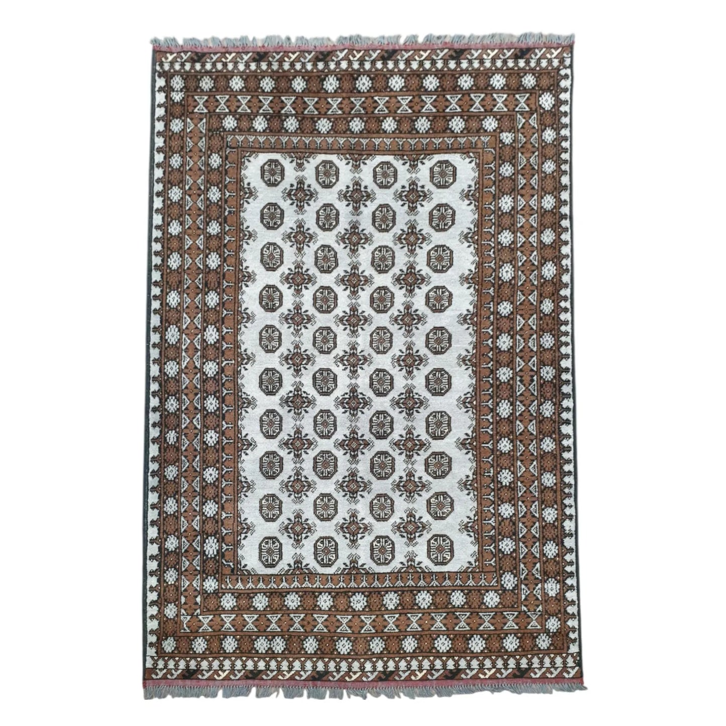 Full view of Afghan Turkoman hand-knotted wool rug with off-white field, repeating gul motifs and warm brown border, 235 x 158 cm