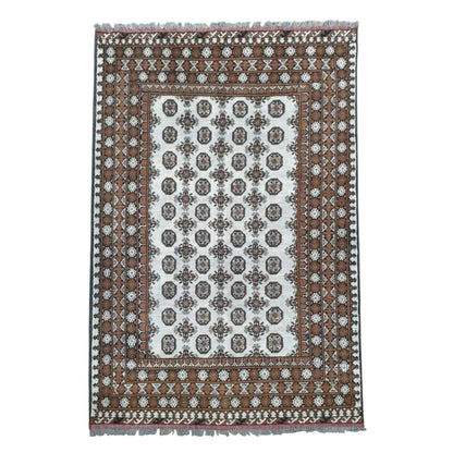 Full view of Afghan Turkoman hand-knotted wool rug with off-white field, repeating gul motifs and warm brown border, 235 x 158 cm