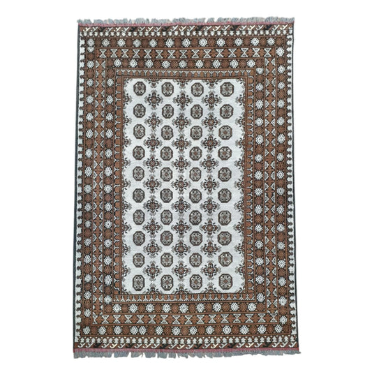 Full view of Afghan Turkoman hand-knotted wool rug with off-white field, repeating gul motifs and warm brown border, 235 x 158 cm