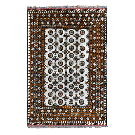 Full view of Afghan Turkoman hand-knotted wool rug with off-white gul-patterned field and warm brown geometric borders, 235 x 158 cm