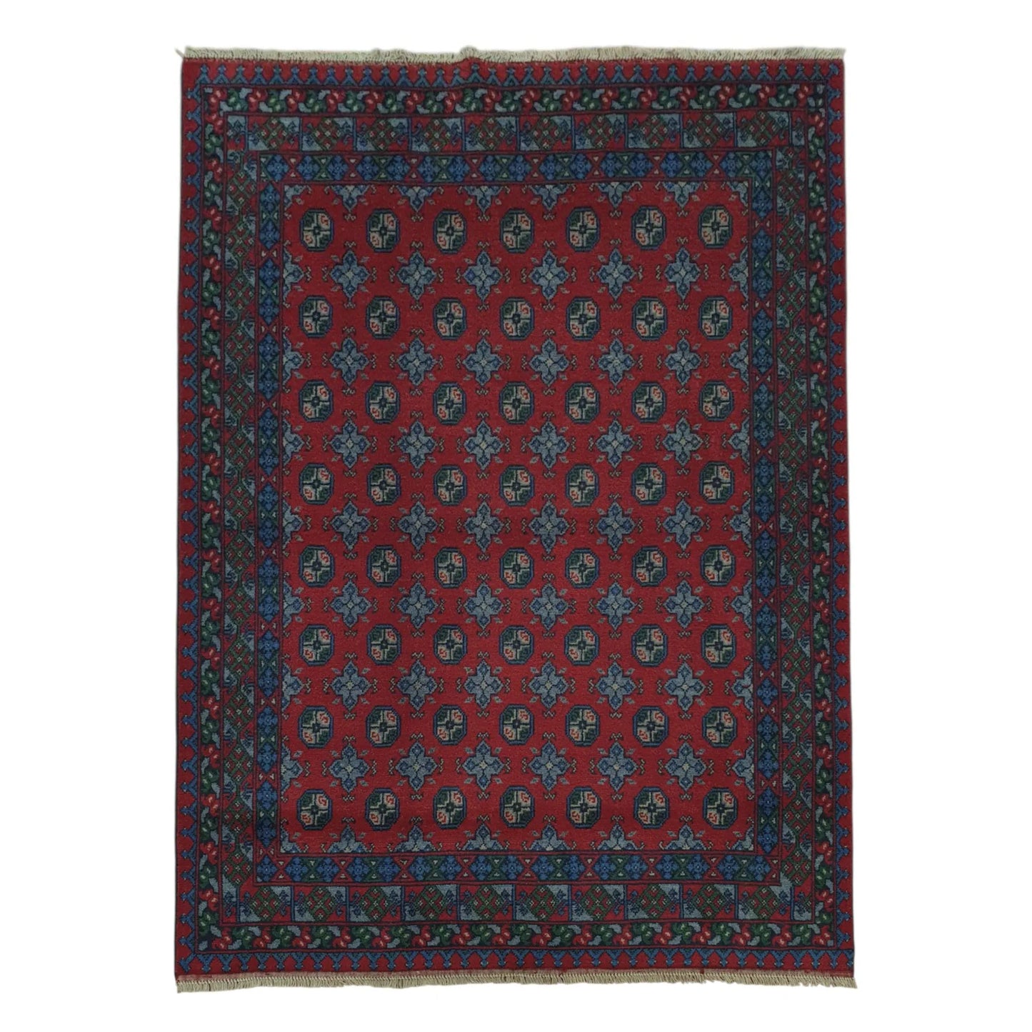 Full view of Afghan Turkoman hand-knotted wool rug 235 x 167 cm with red gul motifs