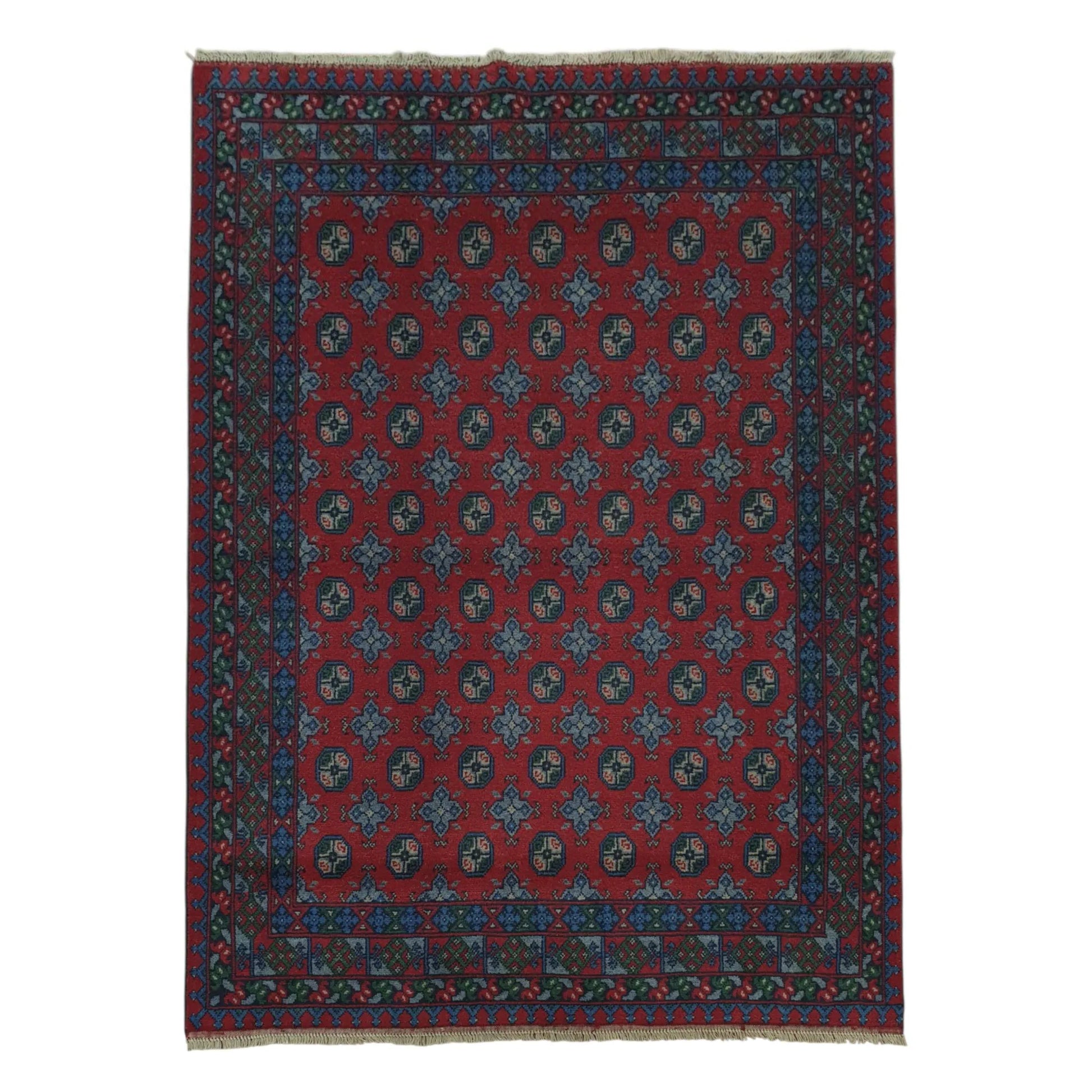 Full view of Afghan Turkoman hand-knotted wool rug 235 x 167 cm with red gul motifs