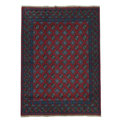 Full view of Afghan Turkoman hand-knotted wool rug 235 x 167 cm with red gul motifs