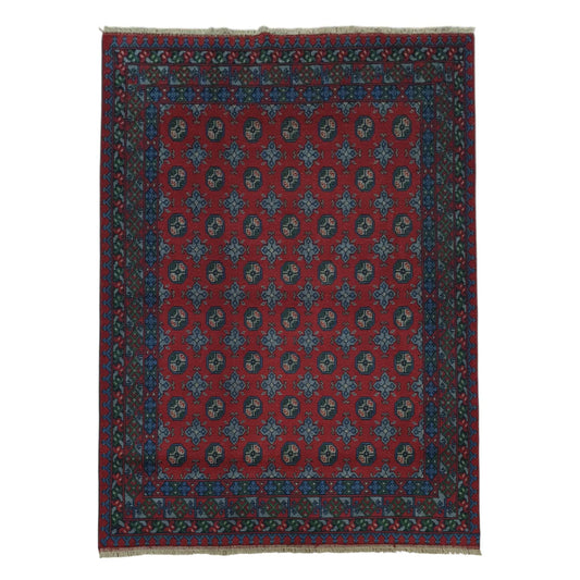 Full view of Afghan Turkoman hand-knotted wool rug 235 x 167 cm with red gul motifs