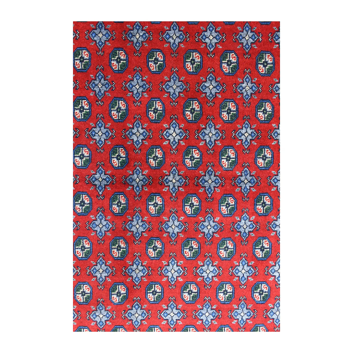 Field detail of Afghan Turkoman rug showing dark octagonal guls alternating with muted blue diamond motifs on red