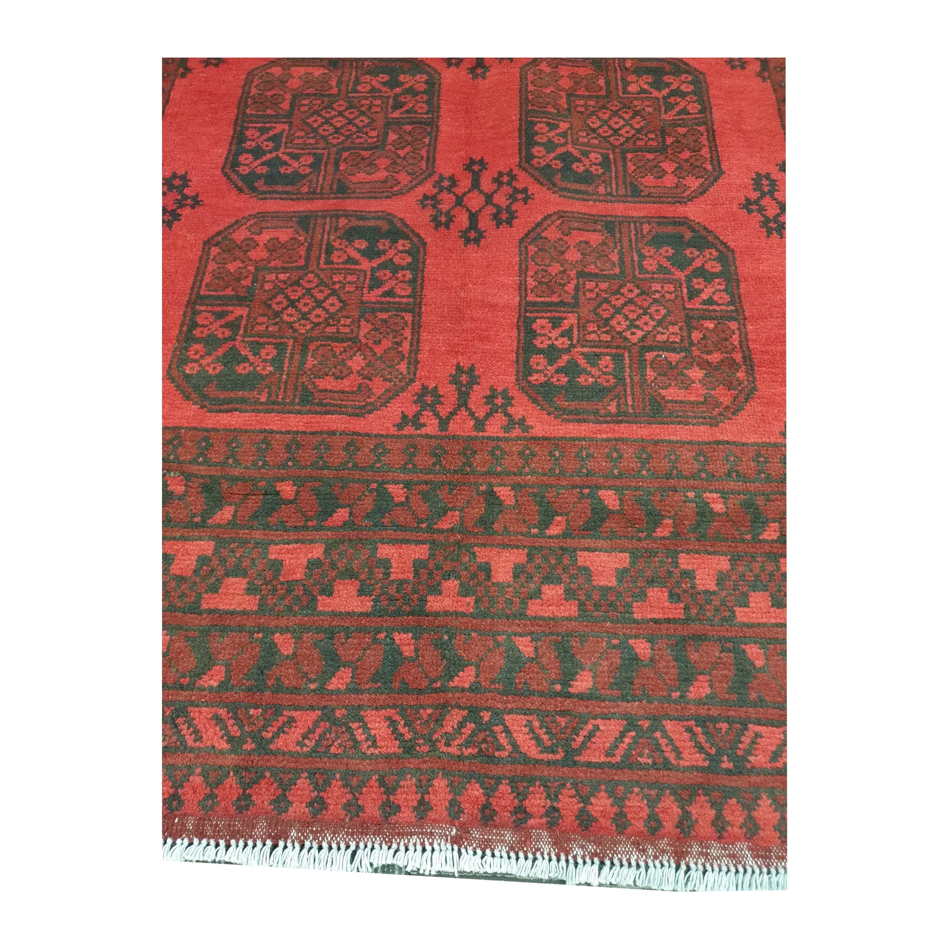 Field and border detail of Afghan Turkoman wool rug showing red pile, dark motifs and geometric border