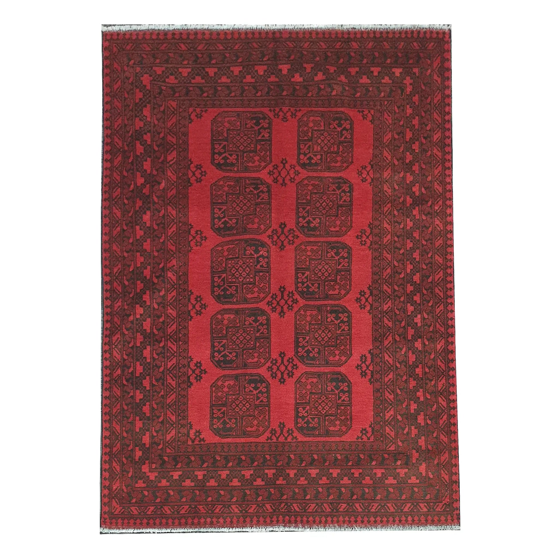 Full straightened view of Afghan Turkoman hand-knotted wool rug with red field and repeated gul-style medallions, 238 x 171 cm