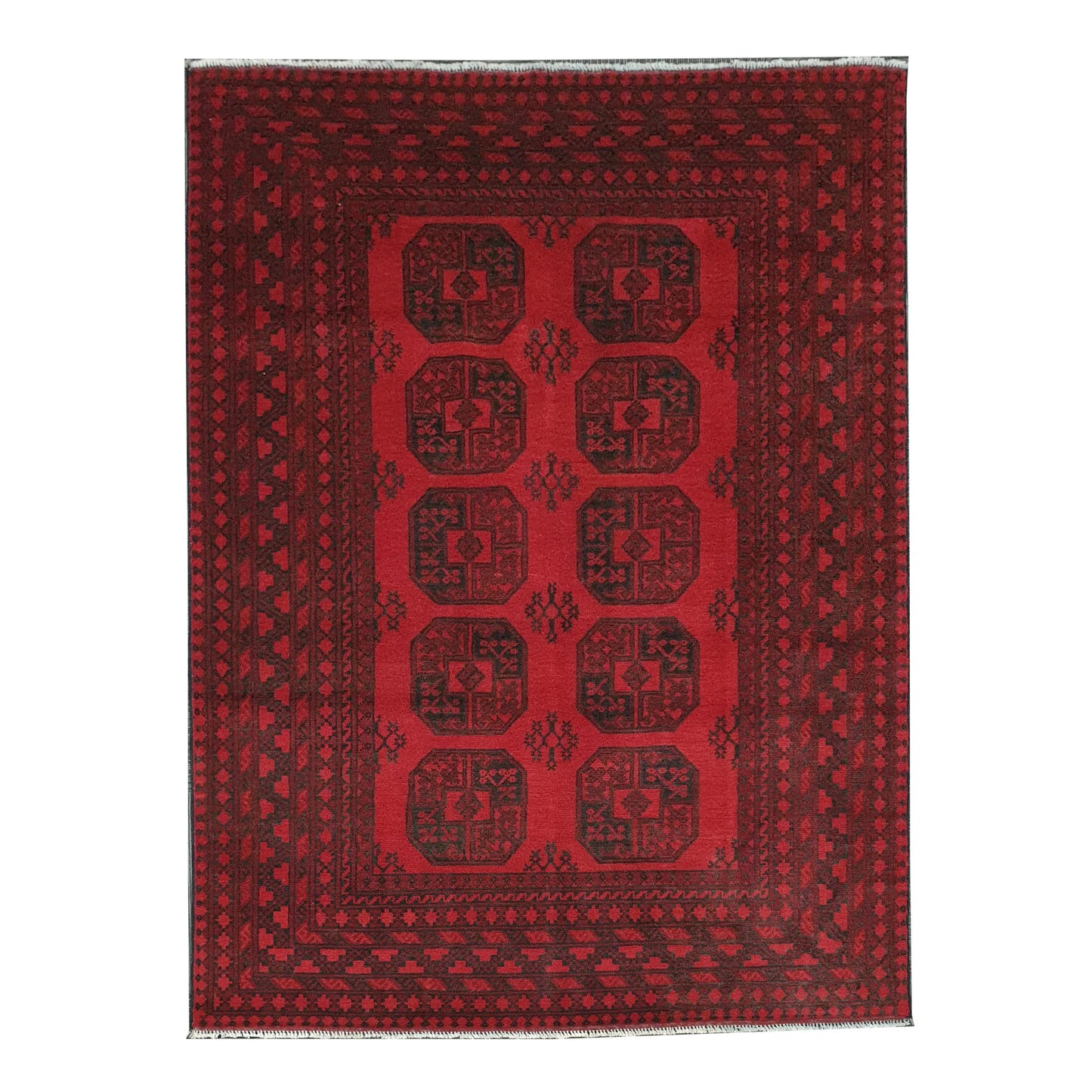 Full straightened view of Afghan Turkoman hand-knotted wool rug with red field and repeated gul-style medallions, 240 x 163 cm
