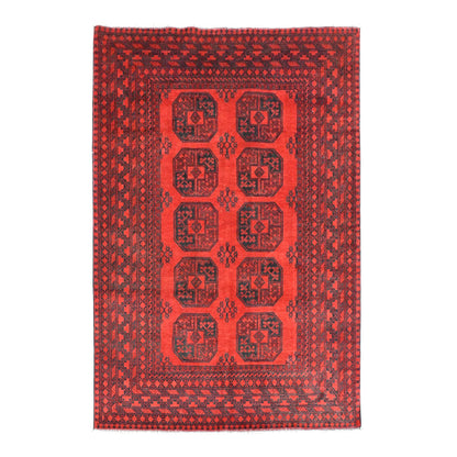 Full view of Afghan Turkoman hand-knotted wool rug with eight dark guls in two columns on red, 240 x 163 cm
