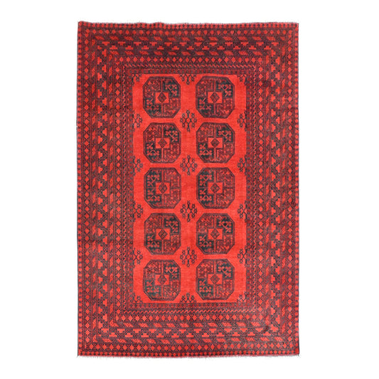 Full view of Afghan Turkoman hand-knotted wool rug with eight dark guls in two columns on red, 240 x 163 cm