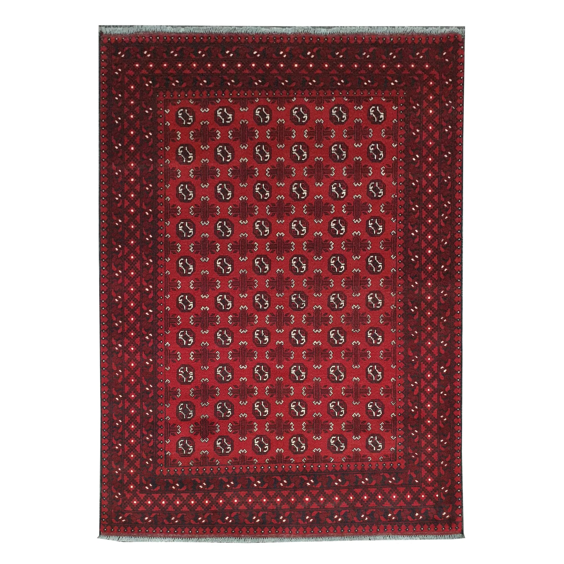 Full view of Afghan Turkoman hand-knotted wool rug with red field, dark motifs and ivory accents, 240 x 168 cm