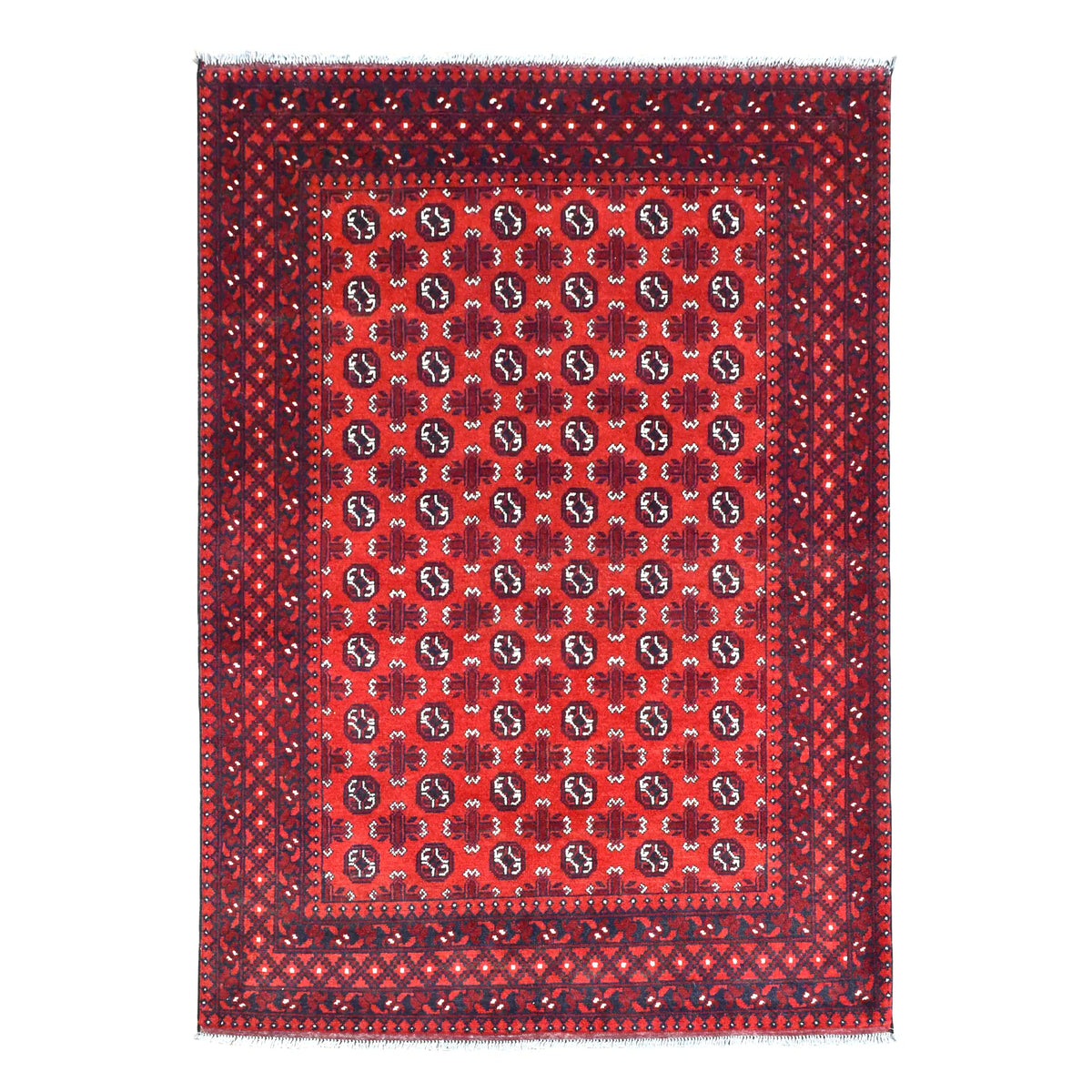 Full view of Afghan Turkoman hand-knotted wool rug with rows of dark guls on a red field and layered borders, 240 x 168 cm