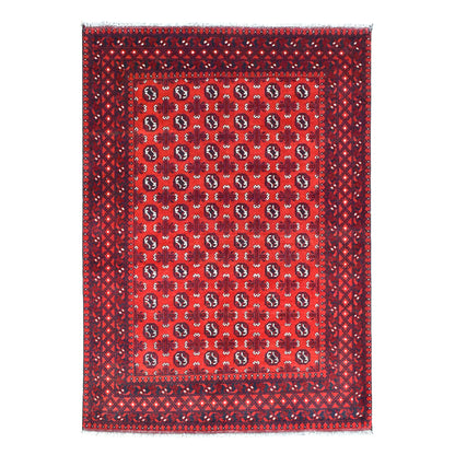 Full view of Afghan Turkoman hand-knotted wool rug with rows of dark guls on a red field and layered borders, 240 x 168 cm