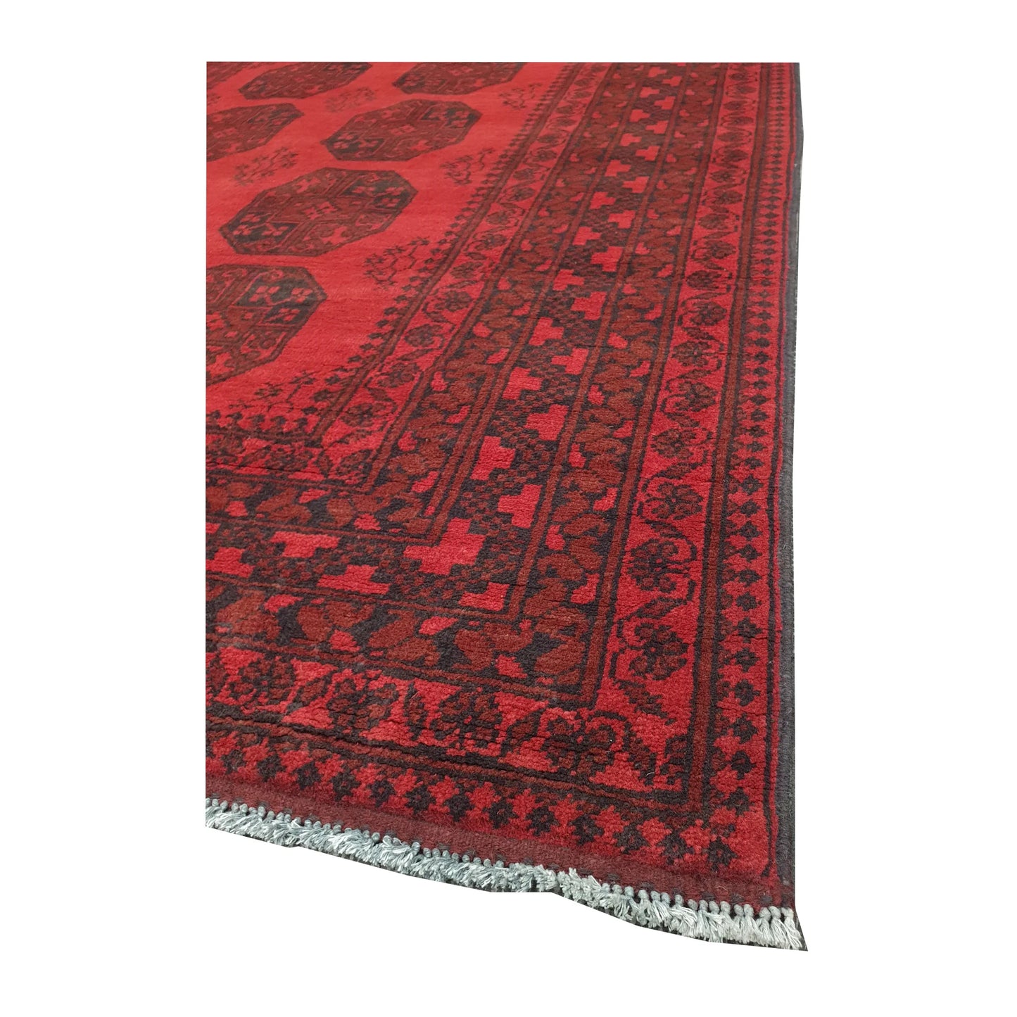 Corner and fringe detail of Afghan Turkoman hand-knotted wool rug with layered geometric border