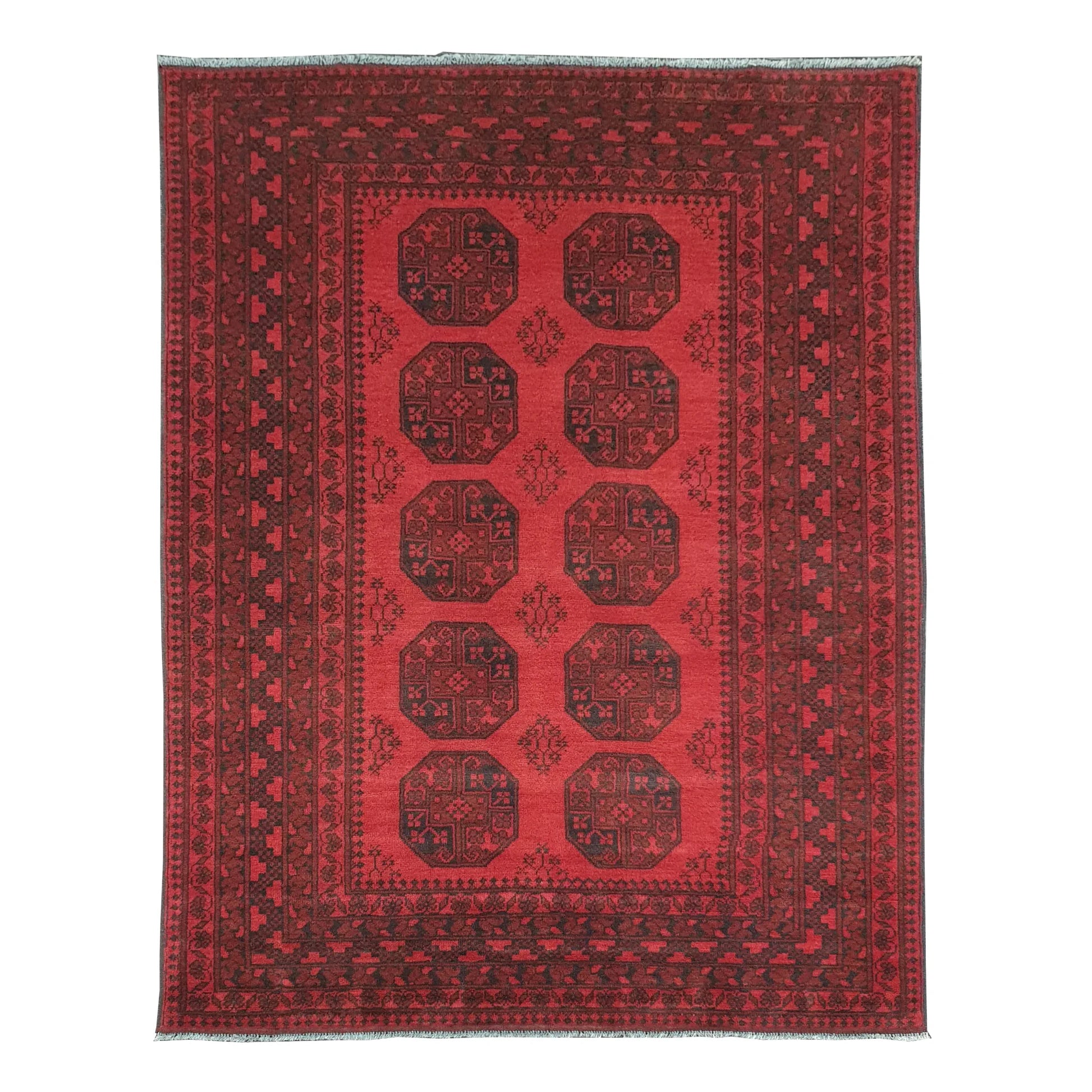 Full view of Afghan Turkoman hand-knotted wool rug with red field, repeating tribal motifs and ivory accents, 240 x 176 cm