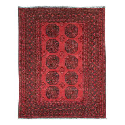Full view of Afghan Turkoman hand-knotted wool rug with red field, repeating tribal motifs and ivory accents, 240 x 176 cm