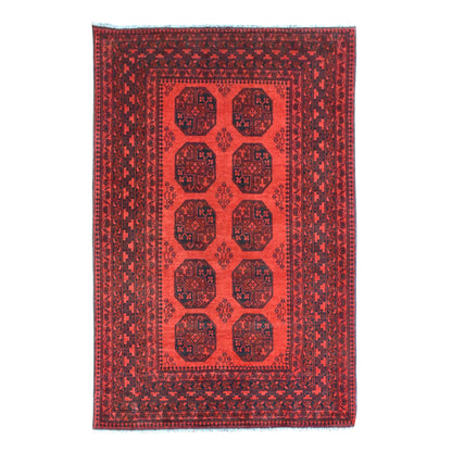 Full view of Afghan Turkoman hand-knotted wool rug with eight dark guls in two columns, red field and wide geometric border, 240 x 176 cm