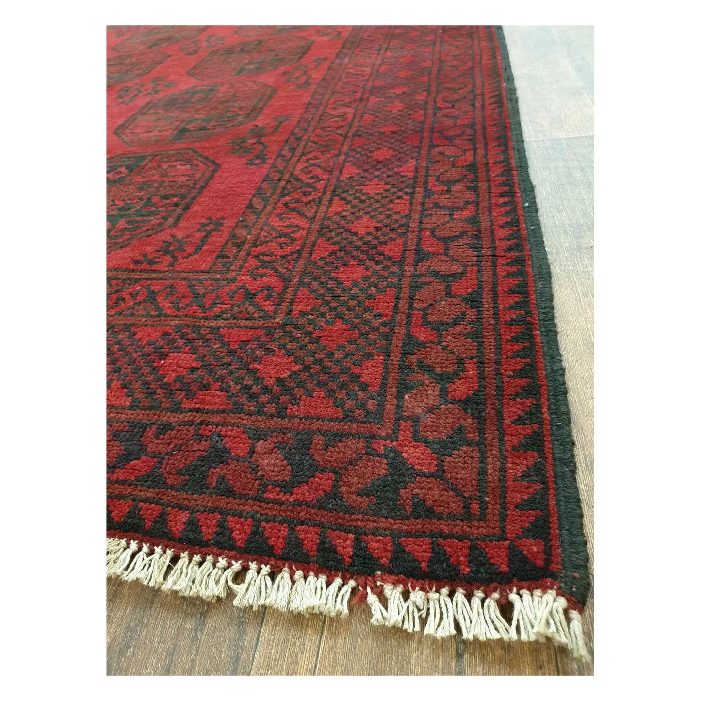 Angled detail of Turkoman rug showing border pattern, fringe, and hand-knotted wool texture, 291 x 203 cm